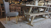 7'L x 37"W Vera Trestle Table in our Barnwood finish with our <a href=vera-dining-bench__vera-6.html Dining Bench</a>, <a href=morgan-linen-chair__morgan-4.html Linen Dining Chair in Warm Grey</a>, and <a href=brooklyn-dining-chair__brooklyn-4.html Dining Chair</a> in Barnwood Finish as featured in our Store+Woodshop in Arkansas.