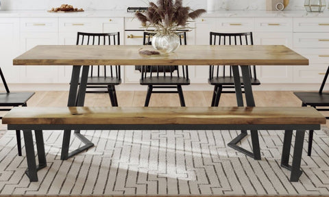 Pictured at 7' L x 37" W in Harvest Wheat Finish. Pictured with <a href=industrial-steel-arkwright-bench__industrial.html Steel Arkwright Bench</a> in Harvest Wheat Finish, <a href=modern-oak-windsor-dining-chair__modern.html Oak Windsor Chairs</a>, and <a href=satellite-area-rug__satellite.html Area Rug</a>.