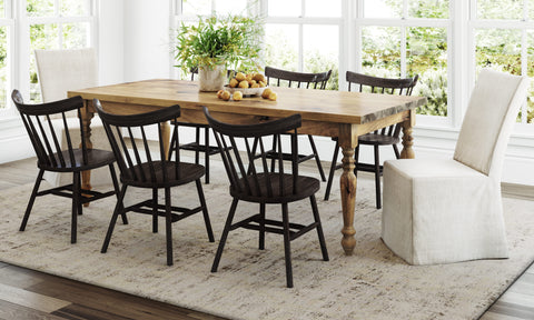 Pictured at 7' L X 37" W in Harvest Wheat Finish. Pictured with our <a href=rustic-windsor-dining-chair__rustic.html Windsor Chairs</a> in Charred Ember Finish. Also pictured with the <a href=brady-slipcover-chair__brady-2.html Slipcover Chairs</a>, <a href=arvo__arvo.html Rug</a>, and the <a href=allston-chandelier__4.html Light Allston Chandelier</a>.