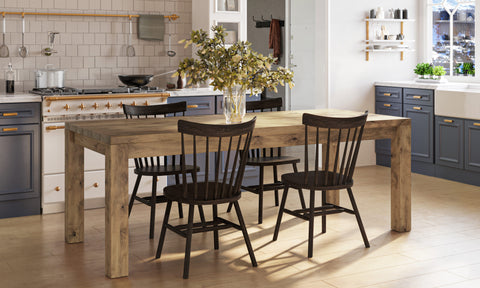 Pictured at 7' L x 37" W in Harvest Wheat Finish. Pictured with <a href=rustic-windsor-dining-chair__rustic.html Windsor Dining Chairs</a> in Charred Ember Finish.