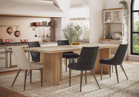 Pictured at 7' L x 37" W in Satin - No Stain Finish. Pictured with <a href=hudson-dining-chair__hudson.html Dark Grey Dining Chair</a> and <a href=hudson-beige-midcentury-dining-chair__hudson.html Beige Dining Chair</a>. Also pictured <a href=vesper-area-rug__vesper.html Area Rug.</a>