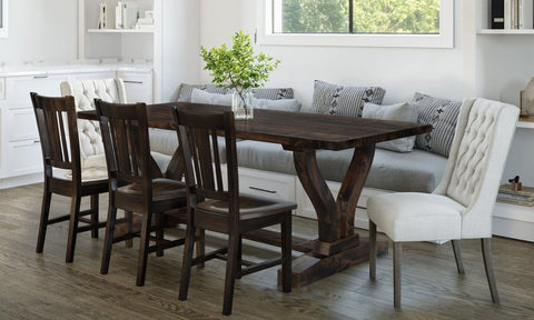 Pictured at 7' L x 37" W in Tobacco Finish. Pictured with <a href=william-chair__william.html Chairs</a> and <a href=lauren-tufted-linen__lauren.html Tufted Linen Chairs</a>. Also pictured with the <a href=wood_and_glass_10-light-chandelier__6.html Light Wood and Glass Light</a>.